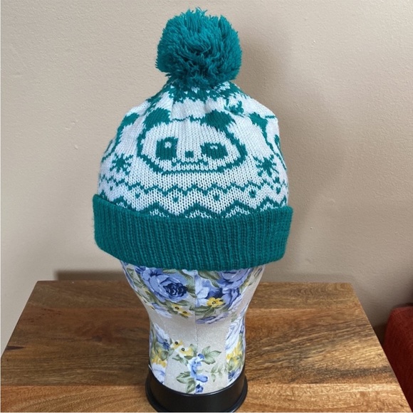 VTG 80’S Green Panda Bear Knit Knitted Pom Pom Winter Hat Beanie - Picture 9 of 14